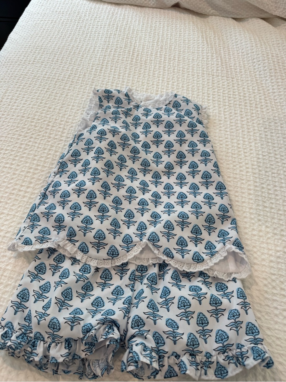 Girls Blue Floral Cotton-Blend Pajama Set with Lace Trim